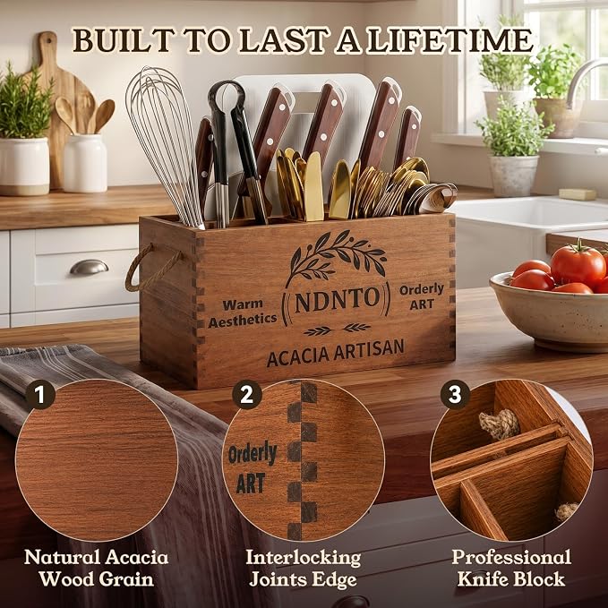 Large Farmhouse Acacia Wood Kitchen Utensil Holder with Knife Block | Kitchen Utensil Holder for Countertop with Cutting Board Storage & Rope Handles for Kitchen Counter, Island & Dining Room