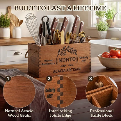 Large Farmhouse Acacia Wood Kitchen Utensil Holder with Knife Block | Kitchen Utensil Holder for Countertop with Cutting Board Storage & Rope Handles for Kitchen Counter, Island & Dining Room