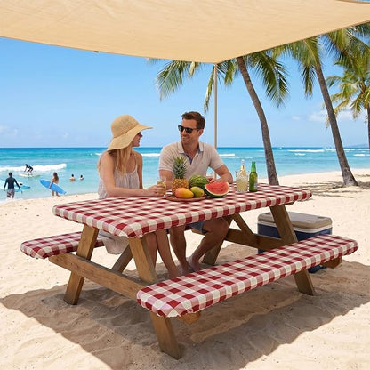 SquarePie Picnic Table Cover with Bench Covers - Waterproof Fitted Elastic Tablecloth for 6 FT Tables - Washable Polyester Camping Table Cloth for Patio RV BBQ (Burgundy Red Checkered,30"x72")