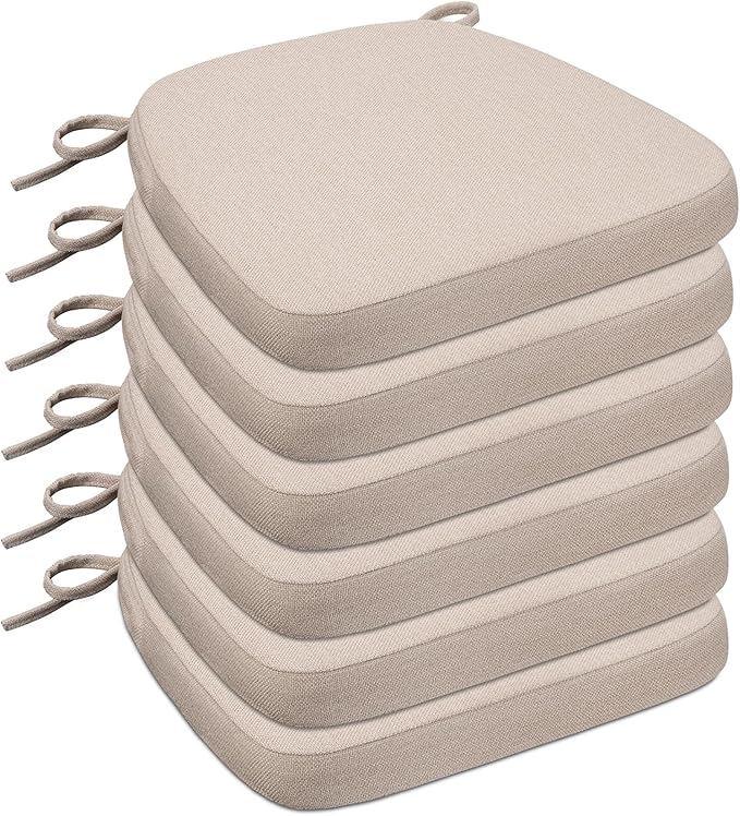 Sunsleek Chair Cushions for Dining Chairs, D-Shaped Seat Cushions with Removable Washable Cover and Ties, Chair Pads for Kitchen, Indoor Dining Room, Patio Chairs, 17'' x 16'', Set of 6, Beige