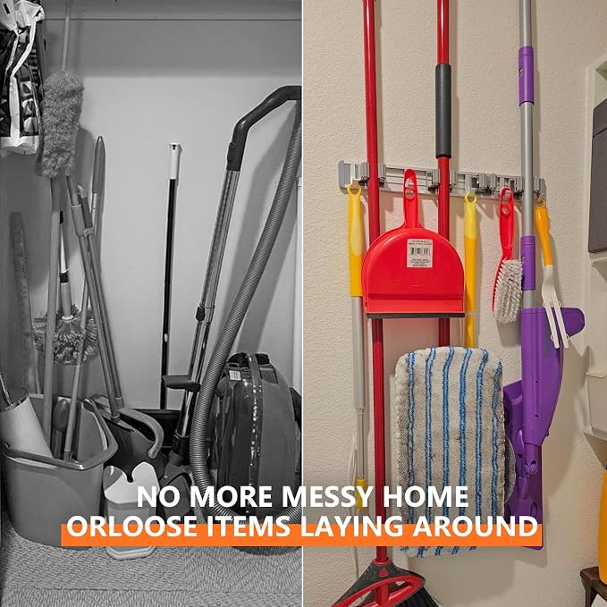 reliahom Broom Holder Wall Mount Mop Hanger Tools organizer 5Racks4Hooks,2P | Adjustable Mop Broom Wall Hanging Heavy Duty Tools Storage Rack Space-saving for Garage,Kitchen,Laundry Room,Garden, Silver