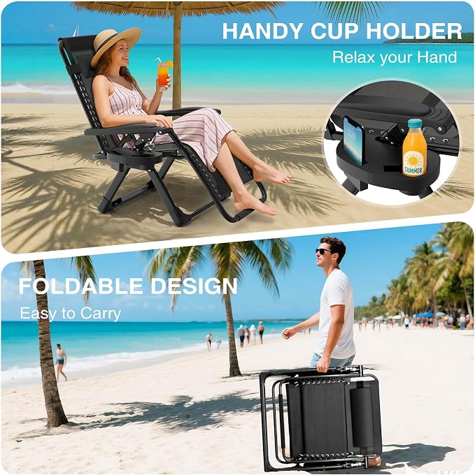 Suteck Zero Gravity Chair, Reclining Camping Chairs w/Removable Cushion | Anti Gravity Recliner Lounge Chair with Aluminum Alloy Lock & Cup Holder, 90-170° Adjustable, for Lawn Patio Indoor