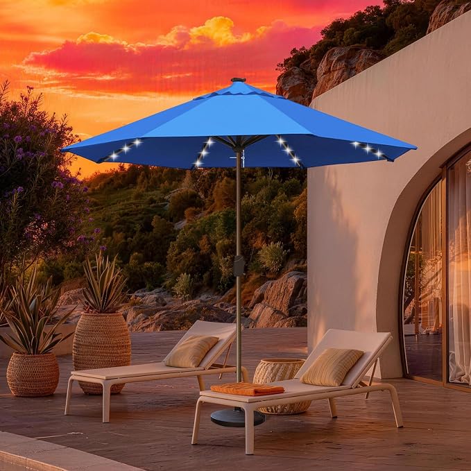 EliteShade USA 10-Year-Non-Fading 10ft Market Patio Umbrella, Commercial Grade Table Sun Umbrella with 80 Solar LED Lights, Crank Open, Windproof & UPF 50+ UV Protection for Garden, Deck, Pool, Backyard, No Tilt, Royal Blue