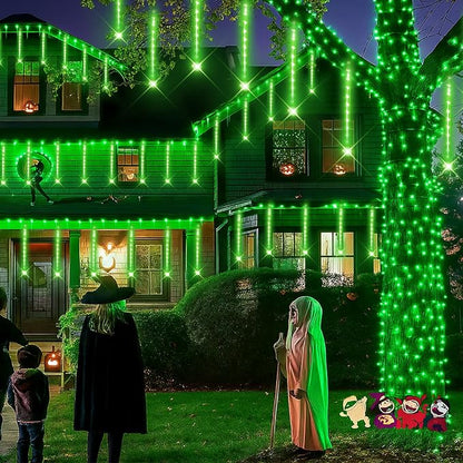 Green Meteor Shower Lights for Halloween Christmas Alien Decoration Outdoor | 16 Tubes, Equivalent to 2 Sets of 8-Tube, Green Icicle Lights for Halloween Xmas St. Patrick's Day Alien Decor, UL Plug