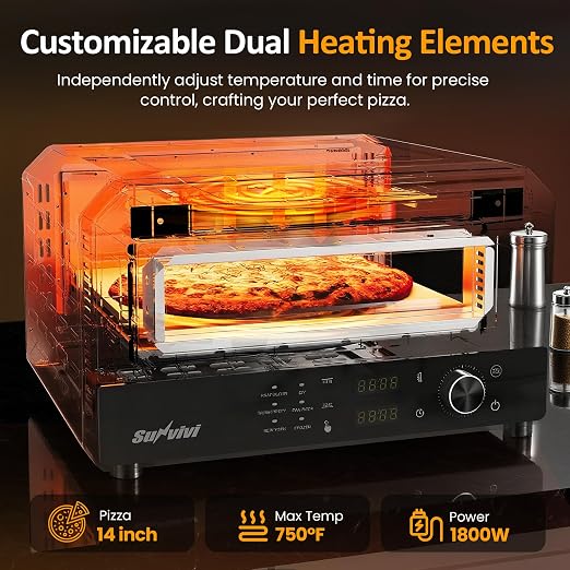 Pizza Oven Indoor Outdoor: Heats up to 750℉, Up to 12" Electric Countertop Pizza Maker with 6 Presets, Control Knob, Portable Pizza Cooker Warmer for Home, Camping, Pizza Stone, Pizza Peel