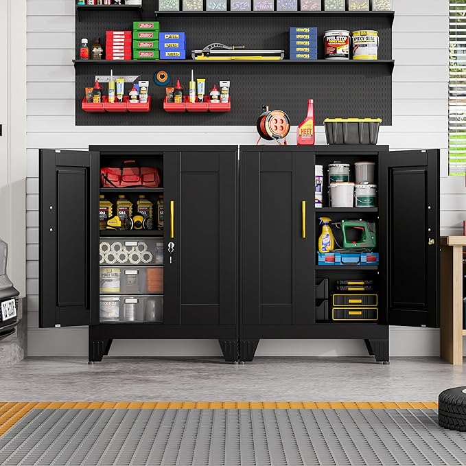 GAIOUS Black Metal Pantry Cabinet with Lock(Two Units), Sideboard Buffet Storage Cabient with Doors and 2 Adjustable Shelves, Multifunctional Kitchen Cupboard for Home Office, Buffet Table