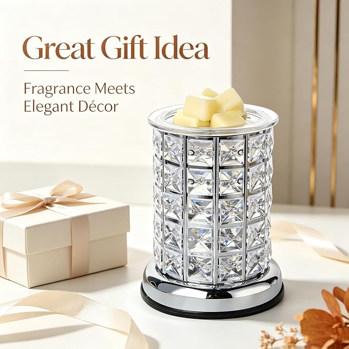 TTJ Crystal Wax Melt Warmer Lamp, Electric Candle Warmer with Rose Gold Base, Decorative Fragrance Oil Burner for Home Bedroom Living Room Office, Flameless Aromatherapy Wax Warmer Night Light Silver