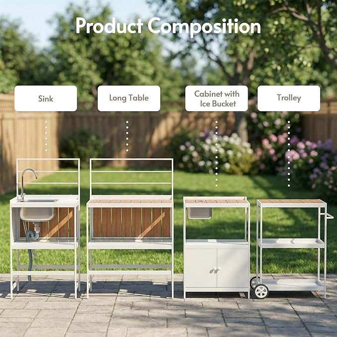 ENSTVER Modular Outdoor Kitchen with All-Aluminum Island & Cabinets, Stainless Steel Sink, Food-Safe Countertop, Outdoor Kitchen Island for Patio, Deck, Backyard,White