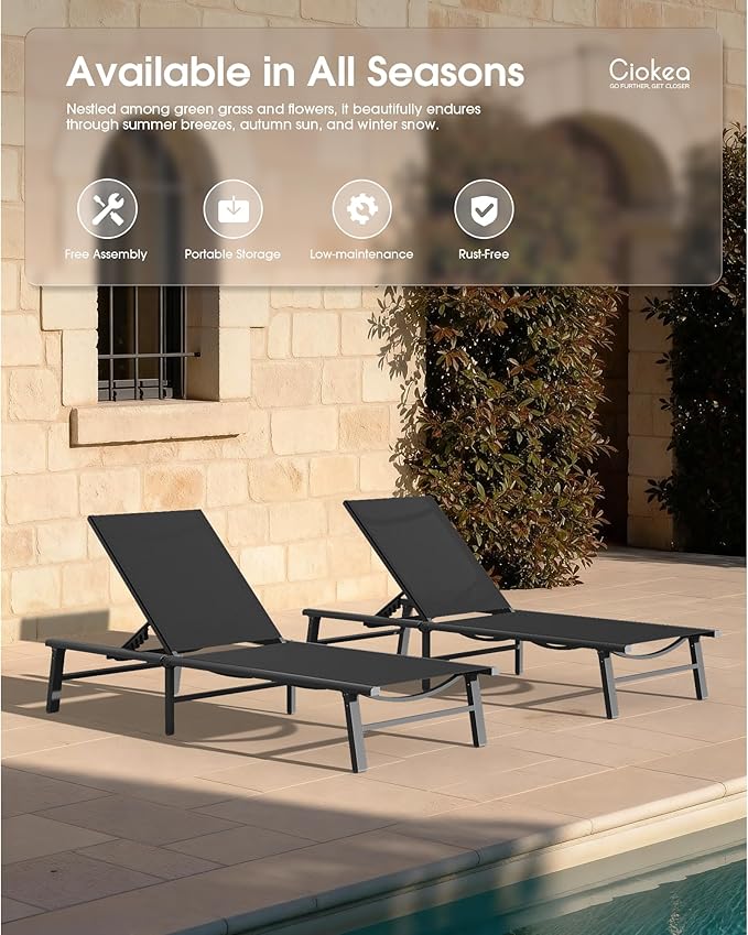 Ciokea Foldable Outdoor Lounge Chair, No Assembly Patio Chaise Lounge Outdoor with 5-Positions, Aluminum Pool Lounge Chair with Portable Design for Pool, Beach, Deck, Backyard, Black