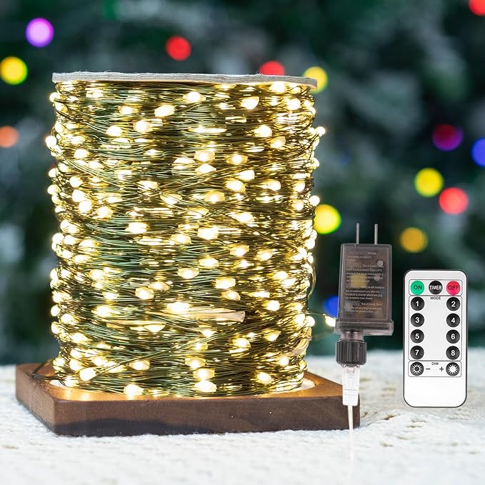 200FT 600LEDs Fairy Lights Plug in,Green Wire,Warm White | Waterproof Led String Lights,8 Modes Remote Twinkle Light for Outdoor Indoor Christmas Wedding Birthday Garden Decorations