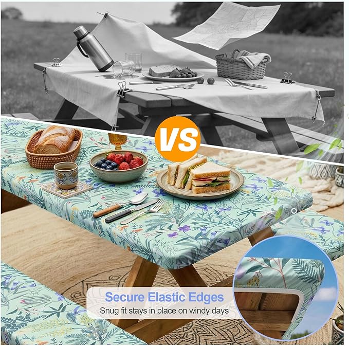 Picnic Table Cover with Bench Covers Camping Essentials Waterproof Windproof Camping Tablecloth with Drawstring Bag, Fitted Rectangle Tables and Seats, 72in, Gray Blue
