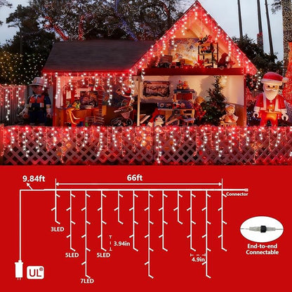 YEGUO 66ft 800 LED Red and White Icicle Lights Outdoor Waterproof, 160 Drops Icicle String Lights Connectable, 8 Modes Icicle Christmas Lights with Memory Timer