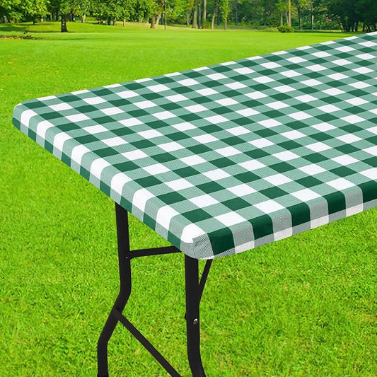 Smiry Rectangle Picnic Table Cloth, Elastic Waterproof Fitted Vinyl Tablecloths, Flannel Backed Buffalo Plaid Table Covers for Dining, Camping, Outdoor (Emerald Green and White, 30" x 60")
