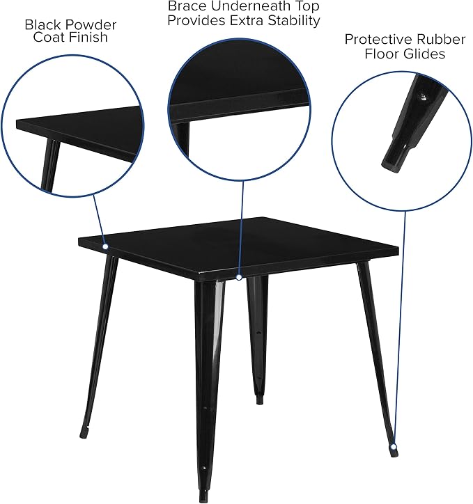 Flash Furniture 31.75 in Metal Indoor/Outdoor Square Table, Black | Commercial Grade, Indoor/Outdoor Use
