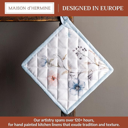 Maison d' Hermine Pot Holders 100% Cotton Heat Resistant Potholders 8" x 8" Hot Pads with Loop for Thanksgiving Christmas Decorations BBQ Cooking Baking Handling Hot Pans (Pack of 1, Ice Florals)