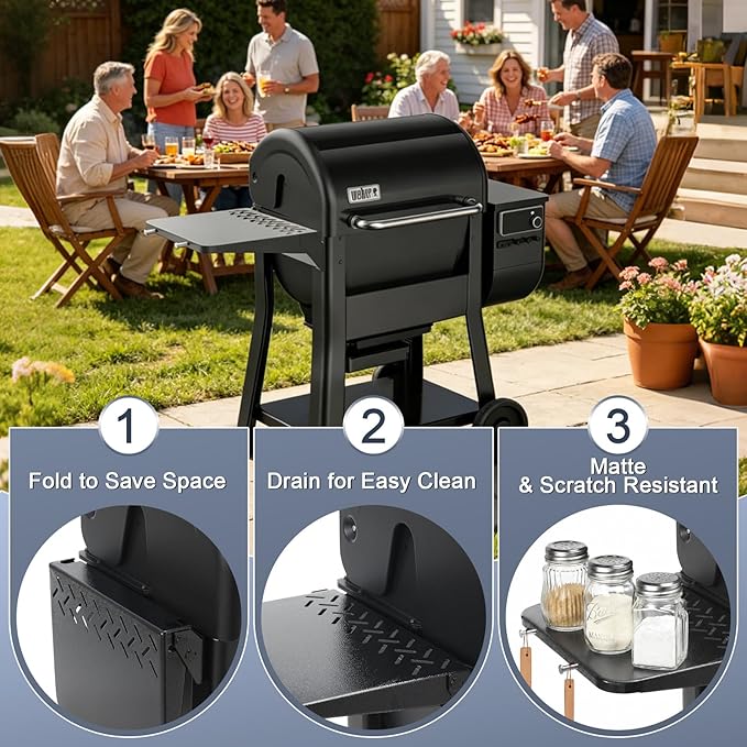 KEESHA BBQ Side Table for Weber Searwood 600/600XL Pellet Grills, Heavy-Duty Stainless Steel Folding Prep Station, BBQ Accessory with Hooks, Replace for Weber 3400140