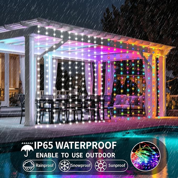 Solar Curtain Lights Outdoor Waterproof 10x10Ft 300LED Multicolor Cool White Dual Color Changing Fairy String Lights with Dimmable Remote Timer Memory for Christmas Balcony Pergola Patio