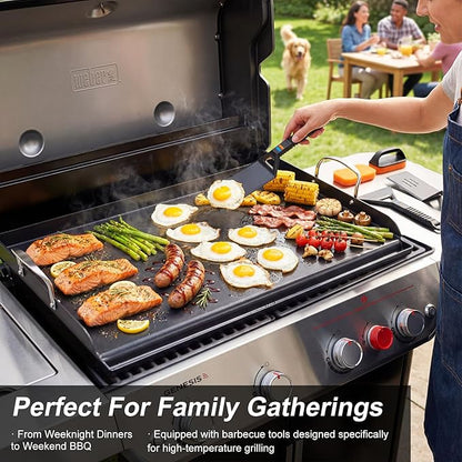 Cast Iron Griddle for Gas Grill with 5-Piece Silicone Griddle Tool Kit 25" x 16" Nano-Ceramic Nonstick Grill Griddle for Gas Charcoal Grills Flat Top Grill Accessories with Stainless Steel Core Tools