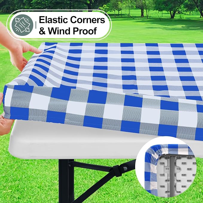Buffalo Rectangle Picnic Tablecloth, 8 Foot Elastic Fitted Vinyl Table Cloth with Flannel Backing, Waterproof Plaid Table Covers for Dining, Camping, Outdoor (Blue and White, 30" x 96")