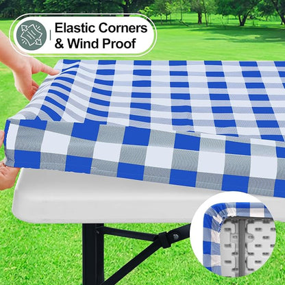 Buffalo Rectangle Picnic Tablecloth, 8 Foot Elastic Fitted Vinyl Table Cloth with Flannel Backing, Waterproof Plaid Table Covers for Dining, Camping, Outdoor (Blue and White, 30" x 96")