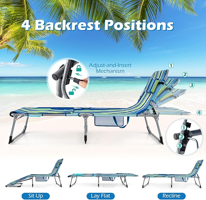GYMAX Tanning Chair, 3 in 1 Sun Bathing Lounge Chairs with Face/Arm Holes & Side Pocket, Portable Lightweight Face Down Layout Tanning Chair for Outside, Beach, Backyard, Poolside (1, Blue Stripe)