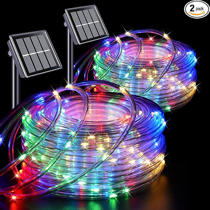 QITONG Solar Rope Lights Outdoor Waterproof, 2 Pack Each 33ft 100 LED Multicolor Trampoline Lights, Fairy Lights in Clear Thin Tube with 8 Modes