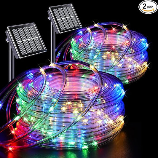 QITONG Solar Rope Lights Outdoor Waterproof, 2 Pack Each 33ft 100 LED Multicolor Trampoline Lights, Fairy Lights in Clear Thin Tube with 8 Modes