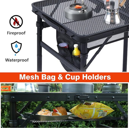 JOUYEK Camping Table, 2x1.3 FT Portable Folding Grill Table | Lightweight Height Adjustable Metal Tables with Mesh Desktop and Mesh Bag, Outdoor Tables for Camping, Picnic, Beach and BBQ