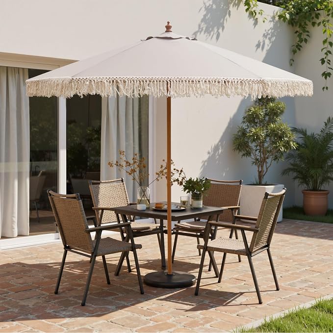 9 FT Patio Umbrella with Fringe,Fringe Portable Beach Umbrella,Heavy-Duty Metal Frame,6 Ribs with Ventilated Canopy,UV Protection & Waterproof, Suitable for Garden,Deck,Pool,Patio Table