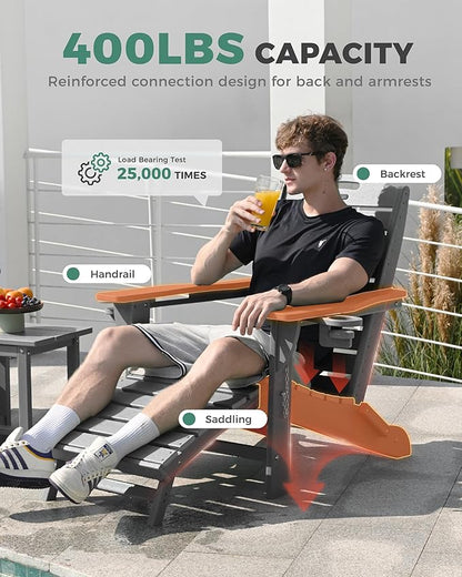 Adjustable Adirondack Chairs Set of 6 with Retractable Ottoman, HDPE Folding Adirondack Chair with Cup Holders, Weather Resistant for Backyard, Poolside & Fire Pit (Grey)