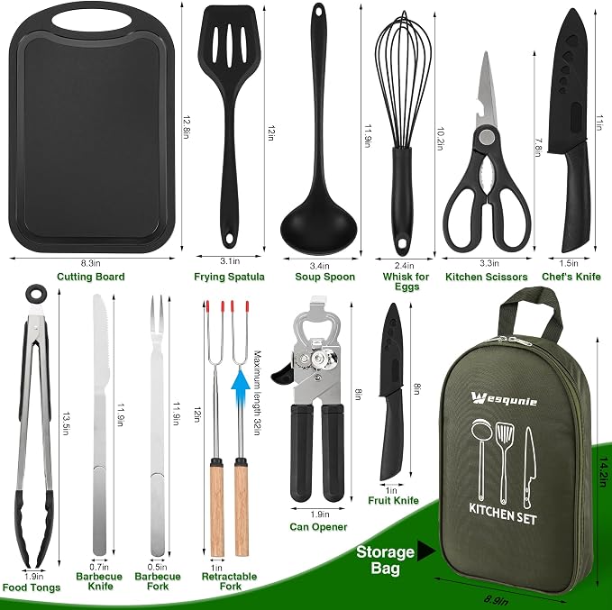 Wesqunie Camping Cooking Utensils Set, Cookware Set for Outdoor Hiking BBQ | Stainless Steel & Silicone Mess Kit, Durable Outdoor Kitchen Gear for Hiking, RV, Picnic Grill & Travel Camping Meal Prep