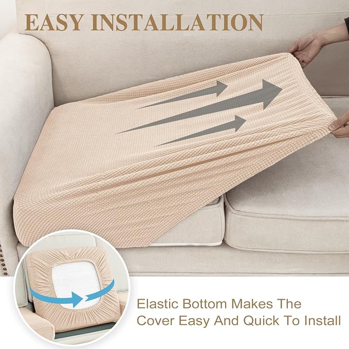 LA MEACK Couch Cushion Covers for Sectional Sofa L Shape Washable Separate Seat Chaise Couch Cover Stretch Sofa Slipcovers with 2 Pcs Pillowcases(2 Seater + 1 Chaise, Natural)