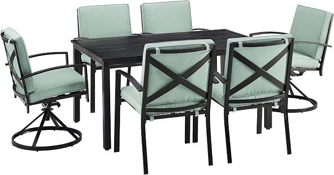 Crosley Furniture Kaplan 7-Piece Outdoor Dining Set for 6, Patio Table and Chairs for Backyard, Deck, Oiled Bronze with Mist Cushions