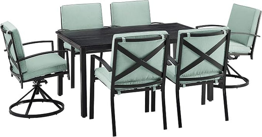 Crosley Furniture Kaplan 7-Piece Outdoor Dining Set for 6, Patio Table and Chairs for Backyard, Deck, Oiled Bronze with Mist Cushions