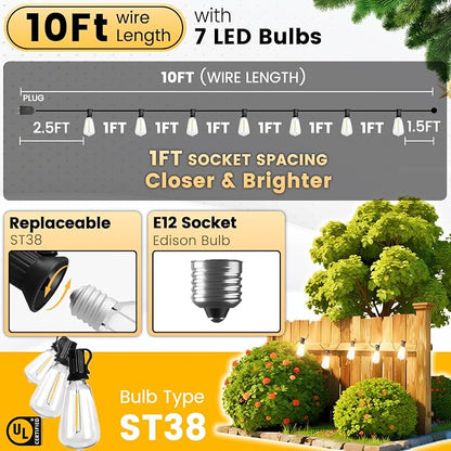 10FT Outdoor String Lights - Waterproof LED Patio Lights Shatterproof ST38 Edison Bulbs, Connectable Hanging Outdoor Vintage Lights for Indoor Backyard Yard Gazebo Porch Party Decor