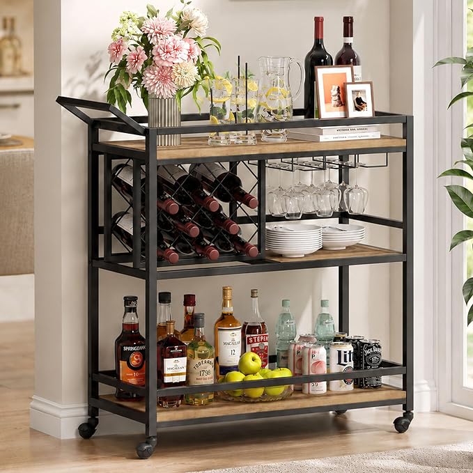 Bar Cart with Wheels, Wine & Liquor Cart for Home | Rolling Serving Cart for liquor, 3 Tier Beverage Cart with Wine Rack and Glass Holder, Rustic Oak