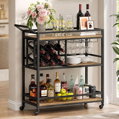 Bar Cart with Wheels, Wine & Liquor Cart for Home | Rolling Serving Cart for liquor, 3 Tier Beverage Cart with Wine Rack and Glass Holder, Rustic Oak