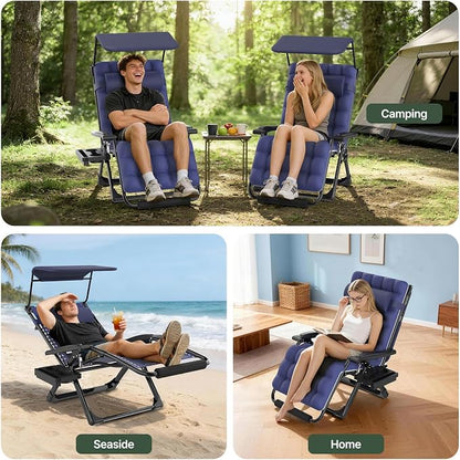 Suteck Zero Gravity Chair with Canopy,33In XXL Oversized Lounge Chairs | w/Removable Cushion&Headrest, Upgraded Lock and Footrest, Folding Reclining Patio Chairs Recliner for Indoor Outdoor