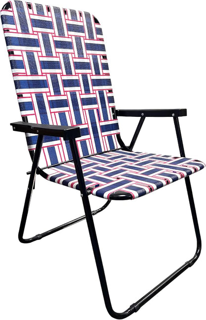 Lawn Chair Folding Steel Webbing Chaise Patio Lounger Seat Wood Handles Great for Camping, Beach, Fishing, Backyard, Stadium, Pool, Boating, and Sports 4 Pack Blue/Red