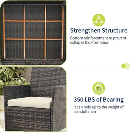 3-Piece Outdoor Furniture Set, PE Rattan Wicker Chairs with Soft Cushions & Tempered Glass Coffee Table - All-Weather Patio Set for Garden, Backyard, Porch, Poolside (Brown/Beige)