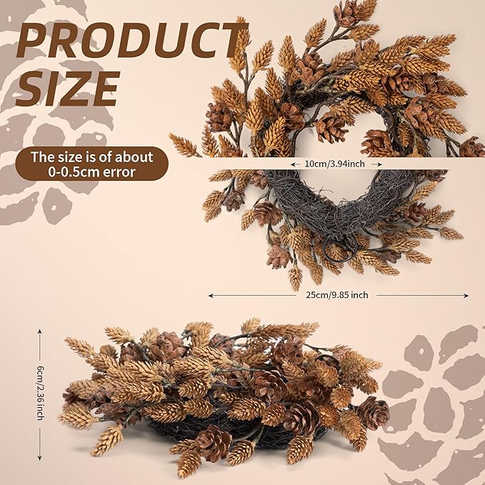 2 Pcs Christmas Candle Rings Wreaths, 10 Inch Candle Wreath with Artificial Brown Pinecone, Christmas Candle Holder Indoor Decor for Home Kitchen Cabinets Centerpieces for Tables