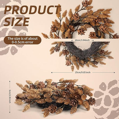 2 Pcs Christmas Candle Rings Wreaths, 10 Inch Candle Wreath with Artificial Brown Pinecone, Christmas Candle Holder Indoor Decor for Home Kitchen Cabinets Centerpieces for Tables