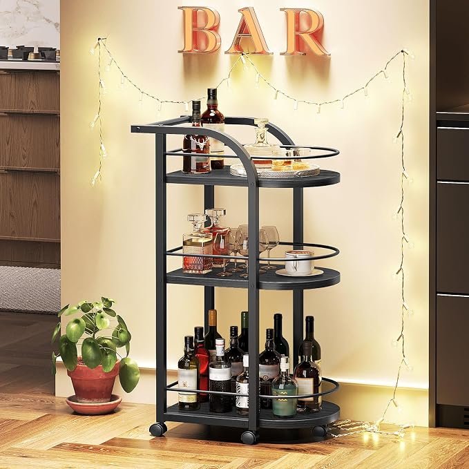 3-Tier Bar Cart, Home Bar Serving Cart with Fence and Wheels, for Dining Room, Living Room, Garden, Party, Black BC06BB