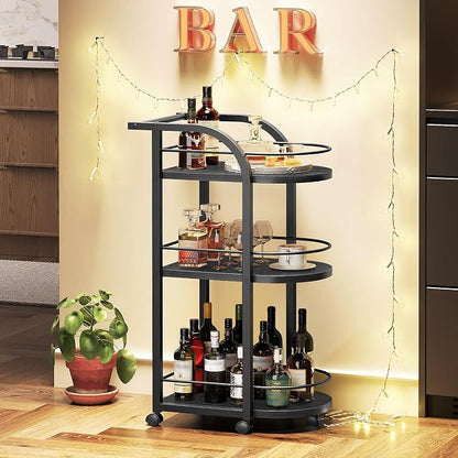 3-Tier Bar Cart, Home Bar Serving Cart with Fence and Wheels, for Dining Room, Living Room, Garden, Party, Black BC06BB
