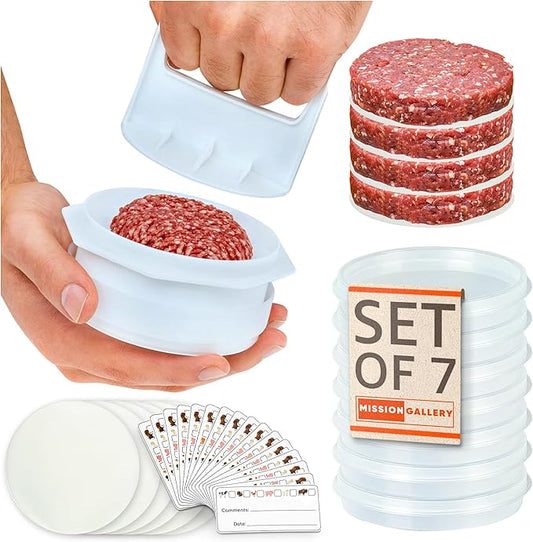 Hamburger Press Patty Maker - 4 in1, Burger Mold, Patty Press, 7 Storage Containers, 100 Round Papers - Hamburger Patty Maker Tool for BBQ - Burger Shaper for Meat, Veggie Patties