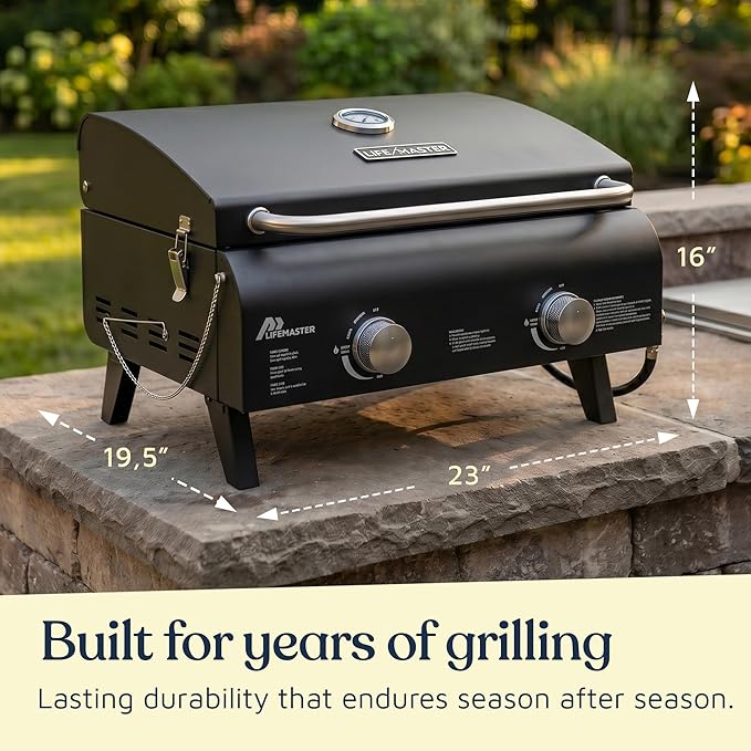 Black Portable Gas Grill, Dual 10,000 BTU Burners, 275 Sq.In Cooking Space, Push-to-Start Ignition, Wind-Proof Lid with Built-in Thermometer, Perfect for Camping Tailgates & Backyard BBQ Cookouts