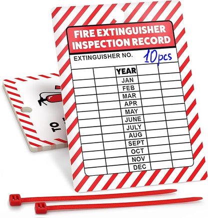 Fire Extinguisher Inspection Tags 2026-2029, Plastic 2.25 x 3 Inch Red for Indoor Outdoor Use, Durable Double-Sided Monthly Record and Pass Instructions, Include Zip Ties, 10 Pack