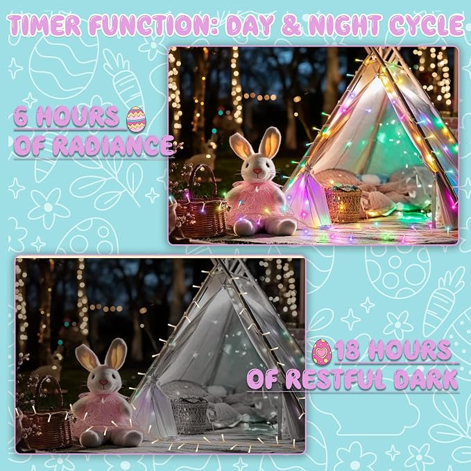 cshare Easter String Lights Battery Operated, Pastel Easter Lights with Timer 9.8ft 30LED Transparent Wire Fairy Lights for Easter Decorations Garland Outdoor Indoor Party 2 Packs