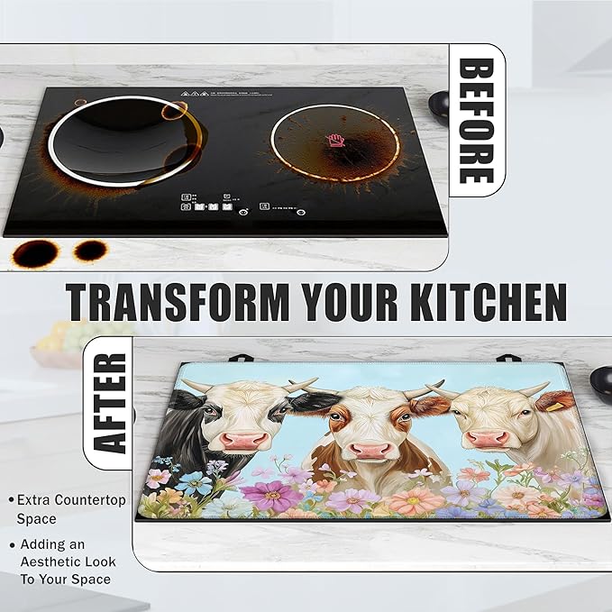 Farmhouse Cow Glass Top Stove Cover Protector,Watercolor Flower Heat Resistant Stove Top Cover, Large Size Range Covers for Electric Stove Countertop Mat, 28 x 20 Inch