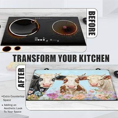 Farmhouse Cow Glass Top Stove Cover Protector,Watercolor Flower Heat Resistant Stove Top Cover, Large Size Range Covers for Electric Stove Countertop Mat, 28 x 20 Inch